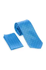 Corbata beige con diseño de puntos, acompañada de pañuelo a juego, ideal para ocasiones formales.
