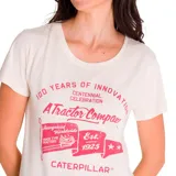 Remera color crema de corte clásico con cuello redondo y mangas cortas. Estampado frontal conmemorativo del centenario de Caterpillar con logo y texto en color rojo.
