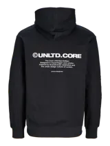 Hoodie negro con capucha y manga larga. Tiene un pequeño logo blanco en el pecho.