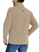 Campera polar RKF Glasgow color beige, con cuello alto, cierre frontal completo y tres bolsillos con cierre. Confeccionada con poliéster reciclado.