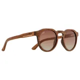 Lentes de sol redondos con marco de madera color marrón oscuro y lentes verdes. Marca Indie.