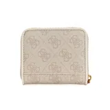 Billetera pequeña Guess Laurel con cierre de cremallera, color beige con estampado del logo de la marca en relieve y detalles dorados.