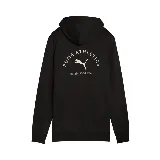 Buzo negro con capucha de la marca Puma, modelo Class Graphic Hoodie. Presenta cordones ajustables, bolsillo tipo canguro y logo Puma Athletics estampado en blanco en el pecho.