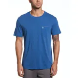 Remera azul de manga corta, confeccionada en algodón. Presenta cuello redondo y bolsillo de parche en el pecho con logo bordado de pingüino.