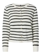 Cárdigan de punto con rayas horizontales negras y blancas, cuello redondo y cierre frontal con botones dorados.