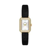 Reloj Fossil Raquel Mini con caja rectangular dorada con borde de strass, esfera blanca y correa de cuero negra.