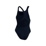Malla enteriza de natación Speedo, color azul marino, con breteles anchos y logo estampado en el pecho. Fabricada con tejido Eco Endurance+ resistente al cloro y de secado rápido.