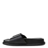 Sandalias negras con hebilla cuadrada grande en la tira superior y suela gruesa.