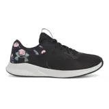 Zapatillas deportivas Under Armour Charged Aurora para mujer, color negro con estampado floral en el talón y suela blanca.