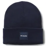 Gorro de lana azul con puño enrollado y logo de Columbia bordado en el frente.