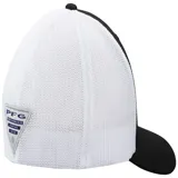 Gorro de béisbol Columbia PFG Mesh Ball Cap, unisex, color negro con malla blanca en la parte trasera. Presenta logo de Columbia bordado en el frente y logo de pez en el lateral.