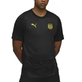 Camiseta deportiva Puma color negro con logo amarillo en el pecho y escudo del Club Atlético Peñarol. Diseño con textura geométrica en el frente y mangas lisas. Ideal para entrenamiento.