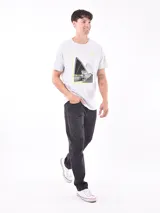 Remera gris con estampa de la Ópera de Sídney y un skater haciendo parkour.