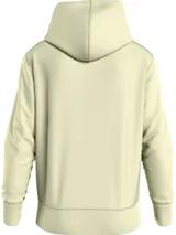 Buzo con capucha color crema, de felpa de algodón regenerativo. Tiene cordones ajustables, bolsillo tipo canguro y logo de Calvin Klein Jeans estampado en el pecho.
