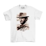 Remera blanca de algodón con estampado de Clint Eastwood fumando un cigarrillo y firma en la parte inferior.