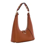 Bolso de hombro Guess color marrón con textura granulada, confeccionado en ecopiel doble faz. Tiene cierre superior con cremallera, herrajes dorados, correa fija y bolsillo interno.
