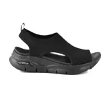 Sandalias negras Skechers Arch Fit City Catch, con capellada tejida elástica, plantilla Arch Fit contorneada y suela de goma flexible.