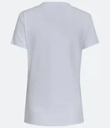 Blusa blanca de algodón con cuello en V, manga corta y bolsillo frontal.