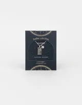 Cadena corta plateada con dije rectangular con el signo zodiacal Aries y un dije redondo pequeño.