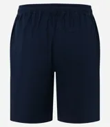Bermuda masculina color beige de sarga, con cintura elástica ajustable con cordón y bolsillo trasero.