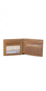 Billetera marrón de cuero liso, con cierre de cremallera en el exterior, interior con visor, espacio para tarjetas y división para billetes.
