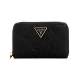 Billetera de mano Guess color negro con logo triangular dorado y diseño texturizado con el logo de la marca.