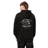Canguro negro con capucha, cordones ajustables y bolsillo tipo canguro. Estampado pequeño en el pecho con diseño de tabla de surf y texto en blanco.