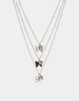 Set de tres collares plateados con dije de mariposa con strass y dije BFF.