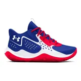 Championes de básquet Under Armour Jet 23, color azul con detalles en blanco y rojo. Presentan el logo de Under Armour en el lateral y cordones rojos.