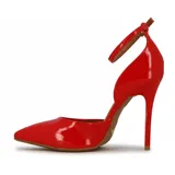 Zapato de tacón alto Vizzano, color blanco charol, con punta fina, pulsera al tobillo y hebilla dorada.