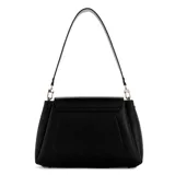 Bolso de mano Guess modelo Sora, color negro, con correa de hombro ajustable y extraíble. Presenta solapa con cierre magnético y logo triangular metálico en el frente.