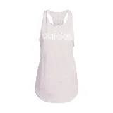 Musculosa deportiva Adidas Essentials para mujer, color lila claro con logo Adidas estampado en blanco. Espalda cruzada y dobladillo curvo.