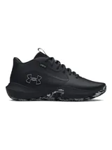 Zapatillas deportivas Under Armour Lockdown 7, color negro con logo plateado en el lateral y suela con diseño de mármol.