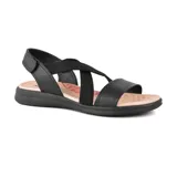 Sandalias negras con tiras cruzadas y ajuste con velcro en el tobillo.