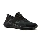 Championes deportivos Skechers Hands Free Slip-ins Bounder 2.0, color negro, con capellada de malla técnica, cordones elásticos, panel moldeado en el talón y plantilla Air-Cooled Memory Foam.