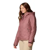 Campera Columbia Heavenly HDD Jacket para mujer, color rosa viejo con diseño acolchado en forma de rombos. Cuenta con capucha con forro polar, puños con orificios para los pulgares, bolsillos laterales con cierre y tecnología termorreflectante Omni-Heat.