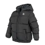 Campera puffer negra con capucha y cierre frontal.