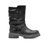 Bota de caña media color negro con hebilla lateral y cierre de cremallera.