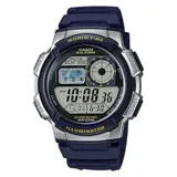 Reloj digital deportivo color azul con función de hora mundial y resistencia al agua.
