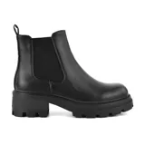 Botas Chelsea negras de cuero sintético con elástico lateral, caña baja, suela track y taco bajo cuadrado.