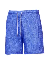 Short de baño azul con textura de lino y cordón blanco en la cintura.