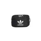 Riñonera negra Adidas Archive Waist con logo y tres tiras blancas.