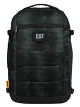 Mochila de cabina Caterpillar modelo Bobby Cabin en color negro con diseño geométrico bordado. Posee un compartimento principal de apertura completa, bolsillo frontal con cierre, compartimento acolchado para computadora y correas ajustables. Dispone de hebillas de compresión laterales y asa de mano lateral.