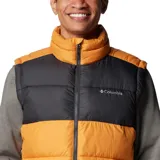 Chaleco acolchado Columbia Pike Lake II para hombre, color naranja y negro, con cierre frontal, cuello alto y bolsillos laterales con cierre.