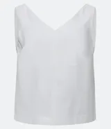 Blusa blanca sin mangas de liocel, con escote en V delantero y trasero, y breteles anchos.