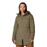 Campera Columbia Joy Peak II Mid para mujer, color verde oliva, con capucha forrada en polar y cierre frontal con cremallera. Cuenta con tecnología termorreflectante Omni-Heat Infinity, repelente al agua Omni-Shield y aislamiento Thermarator de poliéster reciclado. Tiene bolsillos laterales con cremallera y puños con orificios para los pulgares.