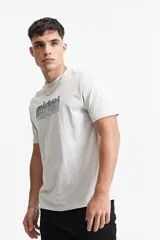 Remera manga corta color gris claro con cuello redondo y logo estampado en el pecho.