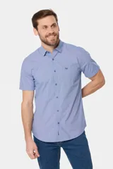 Camisa de hombre a cuadros azul y blanco, de manga corta, corte slim fit, con bolsillo en el pecho y confeccionada en algodón.