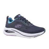 Championes deportivos Skechers Skech-Air Meta, color gris oscuro con detalles en celeste y violeta. Capellada de malla, plantilla Skechers Air-Cooled Memory Foam y entresuela con cámara de aire visible Skech-Air.