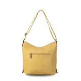 Cartera de simil cuero color rosa, con apertura superior con cierre, bolsillo frontal con cierre y tachas metálicas, bolsillos verticales y bolsillo trasero con cierre. Incluye división al medio y bolsillos internos.